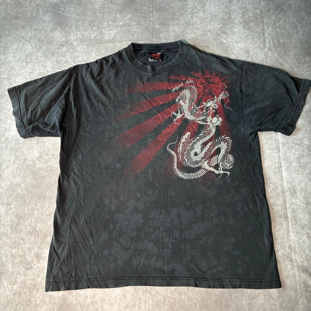 Y2K Faded Black Miami Ink  Dragon Graphic T-Shirt Black Red Tattoo Style Tee XL